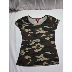 Y2k Hot Kiss Camo Print Scoop Neck Short Sleeve T-Shirt SJT2374 Green Large